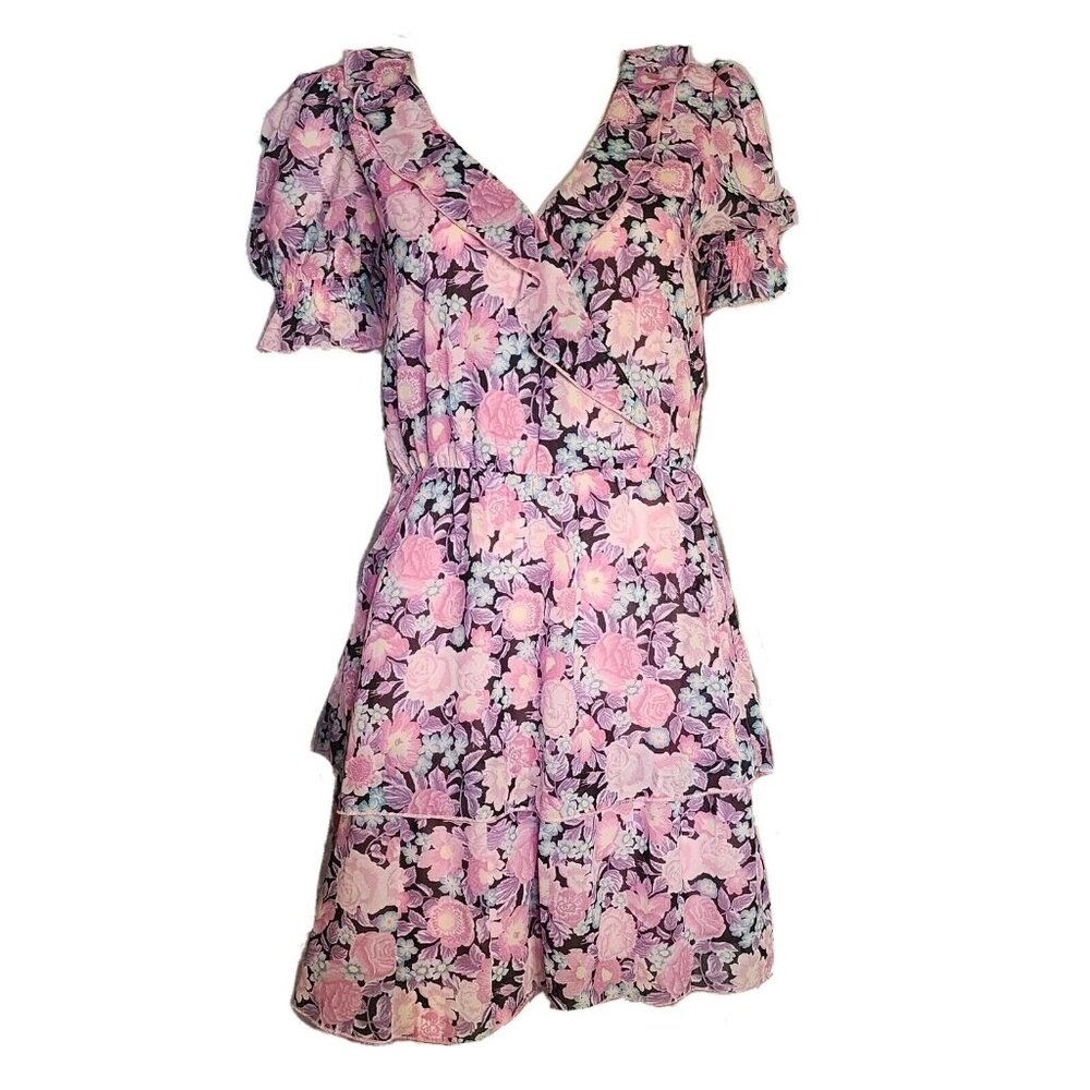 Divided‎ Dress Womens Size S Small Pink Purple Floral V Neck Ruffle Short Sleeve